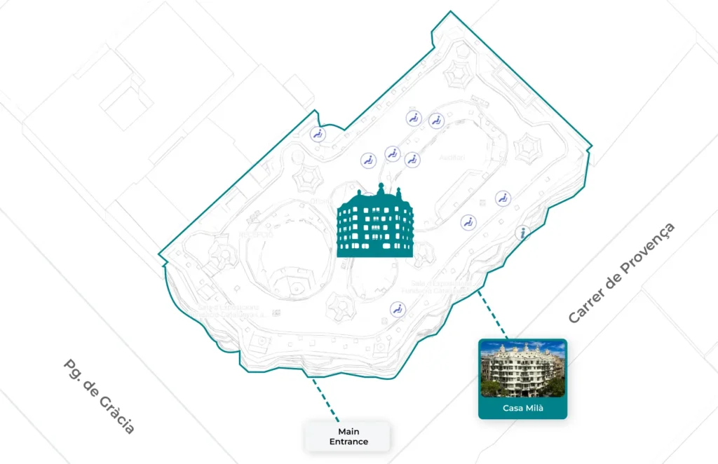 Casa Milà site map with main entrance marked.