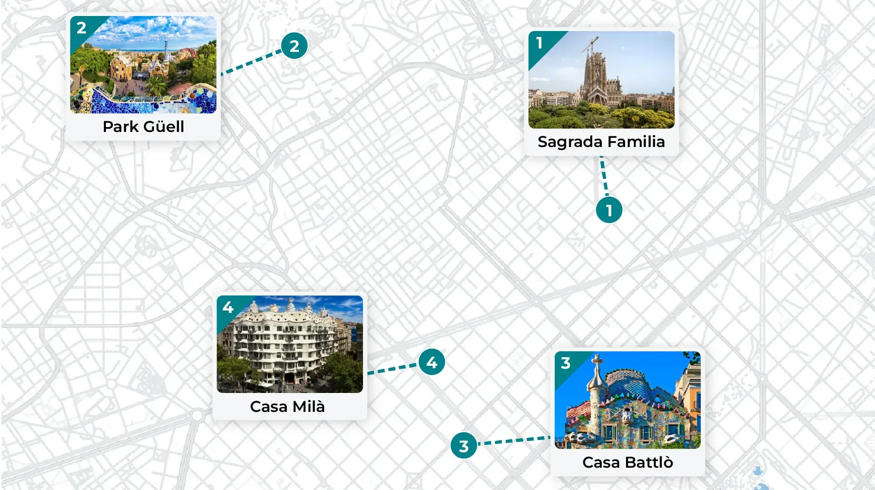 Map showing Barcelona's iconic architectural sites.