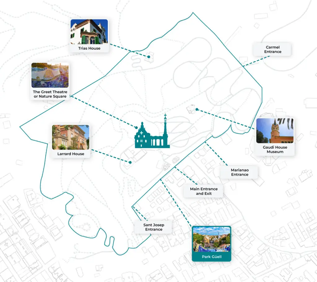 Park Güell map with entrances and landmarks.
