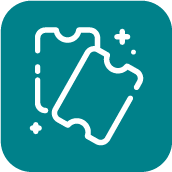 Icon of white ticket on teal background.